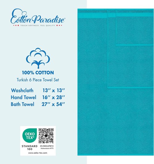 Cotton Paradise 6-Piece Towel Set - 100% Soft Absorbent Turkish Bath Towels | Aqua Blue