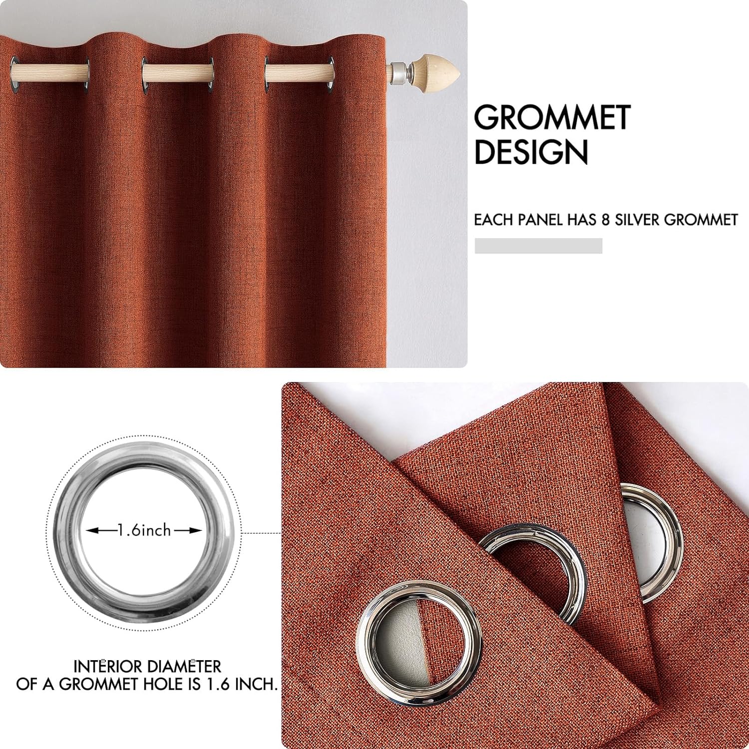 MIULEE Blackout Linen Curtains - 100% Thermal Insulated Burnt Orange Drapes | 52 x 54 Inch (2 Panels)