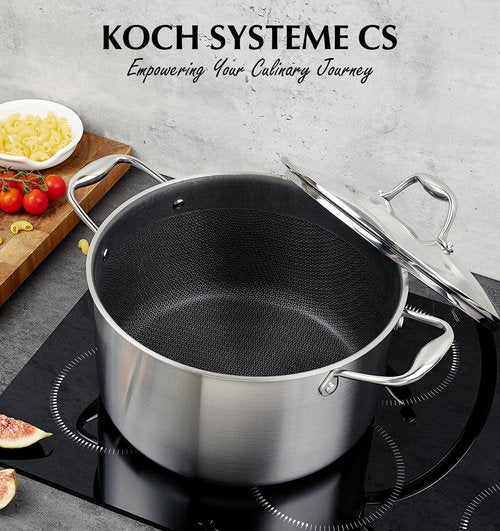 KOCH SYSTEME CS Tri-ply Stainless Steel Stock Pot, 8-Quart Nonstick Hybrid 18/10 Stainless Steel Pot with Lid, Soup Pots with Nonstick Honeycomb Interior, Compatible with All Cooktops, Oven Safe