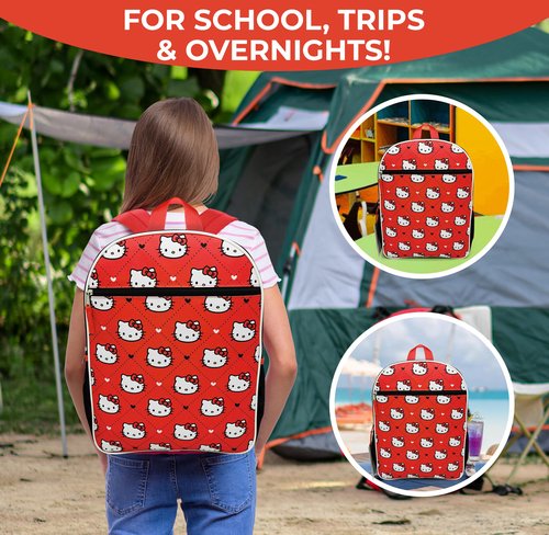 Hello Kitty Backpack for Girls 16 Inch Large School Backpack with Front Pocket, Water Bottle Holders, Adjustable Straps, Cute Red Bookbag for Kids, Back to School