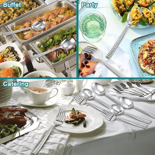 E-far Hammered Serving Utensils Set - 6-Piece Stainless Steel Hostess Set | 8.7-Inch, Dishwasher Safe