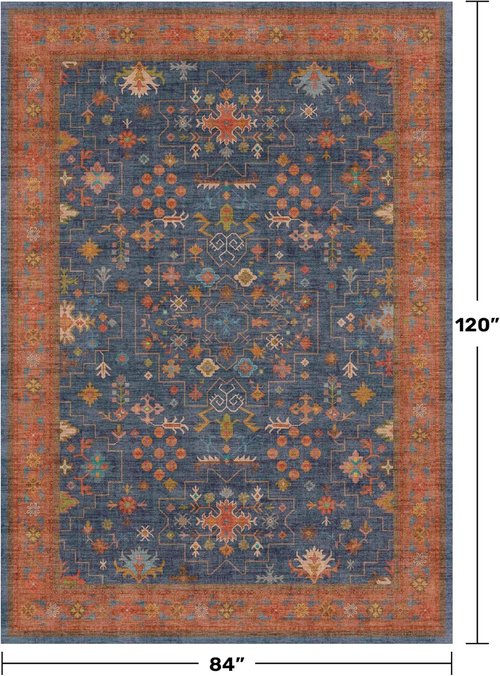 Hazo Haus Washable Navy Blue Area Rug - 7x10 Non-Slip, Stain Resistant for Living Room & Bedroom | Boho Home Decor