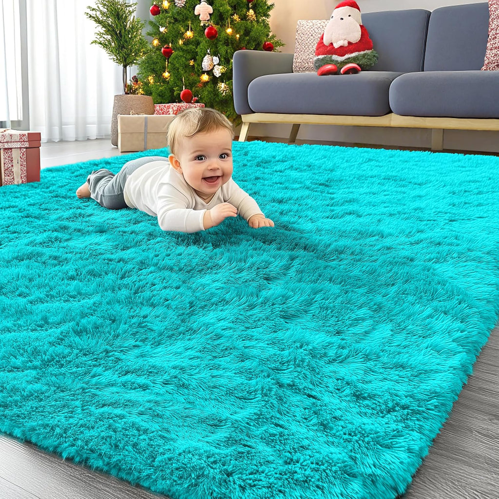 OLANLY Area Rugs - Soft Fluffy Shaggy Carpet for Living Room & Bedroom | Machine Washable 4x5.9 ft, Teal Blue