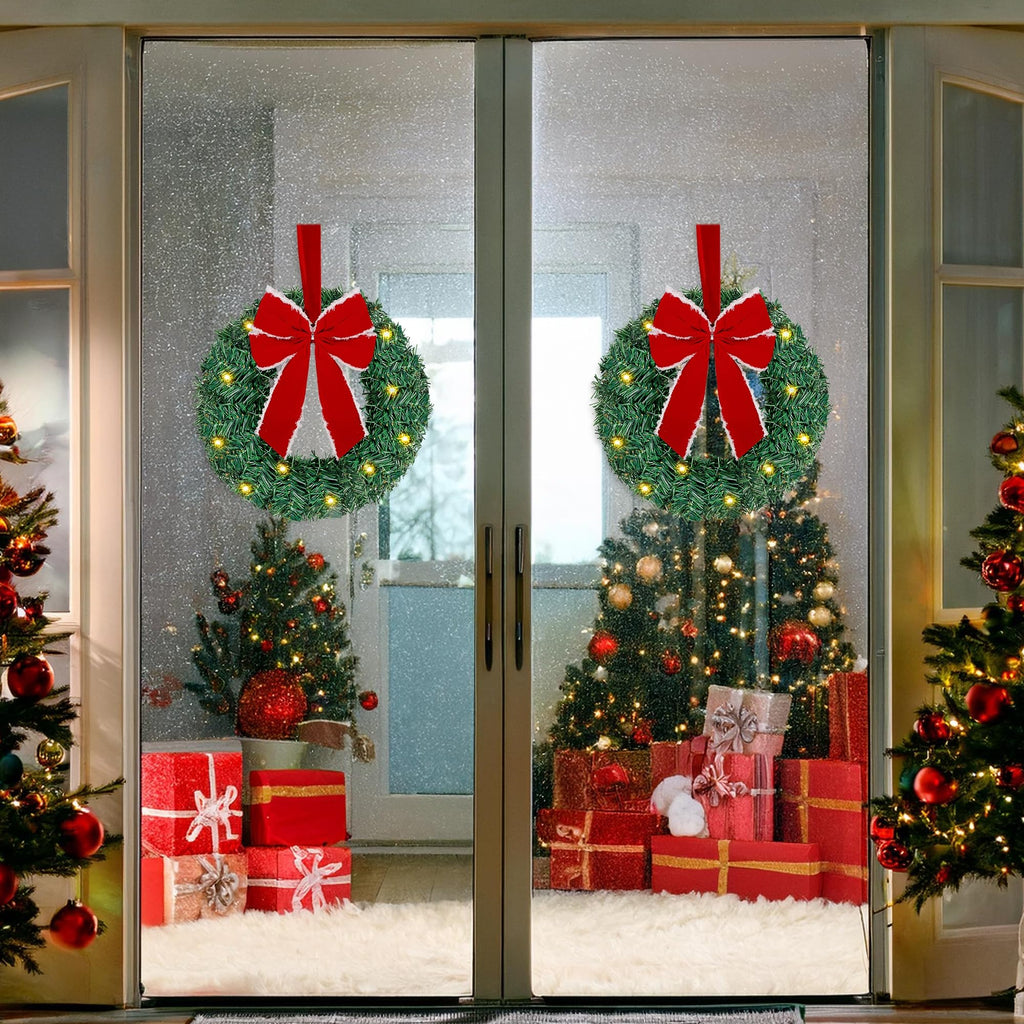 ATDAWN 3 Pack Mini Christmas Wreath, Lighted Christmas Front Door Wreath, Xmas Wreath for Holiday Christmas Party Decorations (Red Bow)