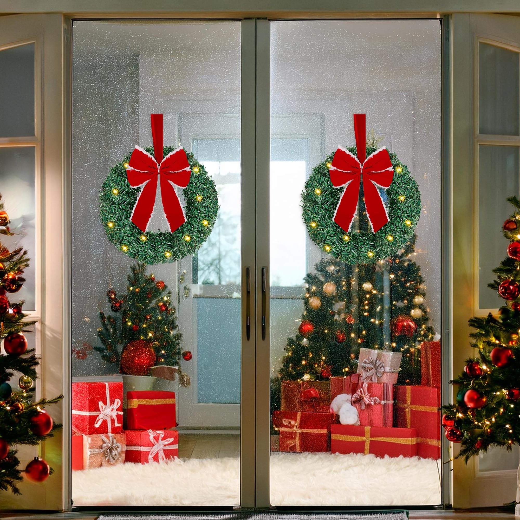 ATDAWN 3 Pack Mini Christmas Wreath, Lighted Christmas Front Door Wreath, Xmas Wreath for Holiday Christmas Party Decorations (Red Bow)
