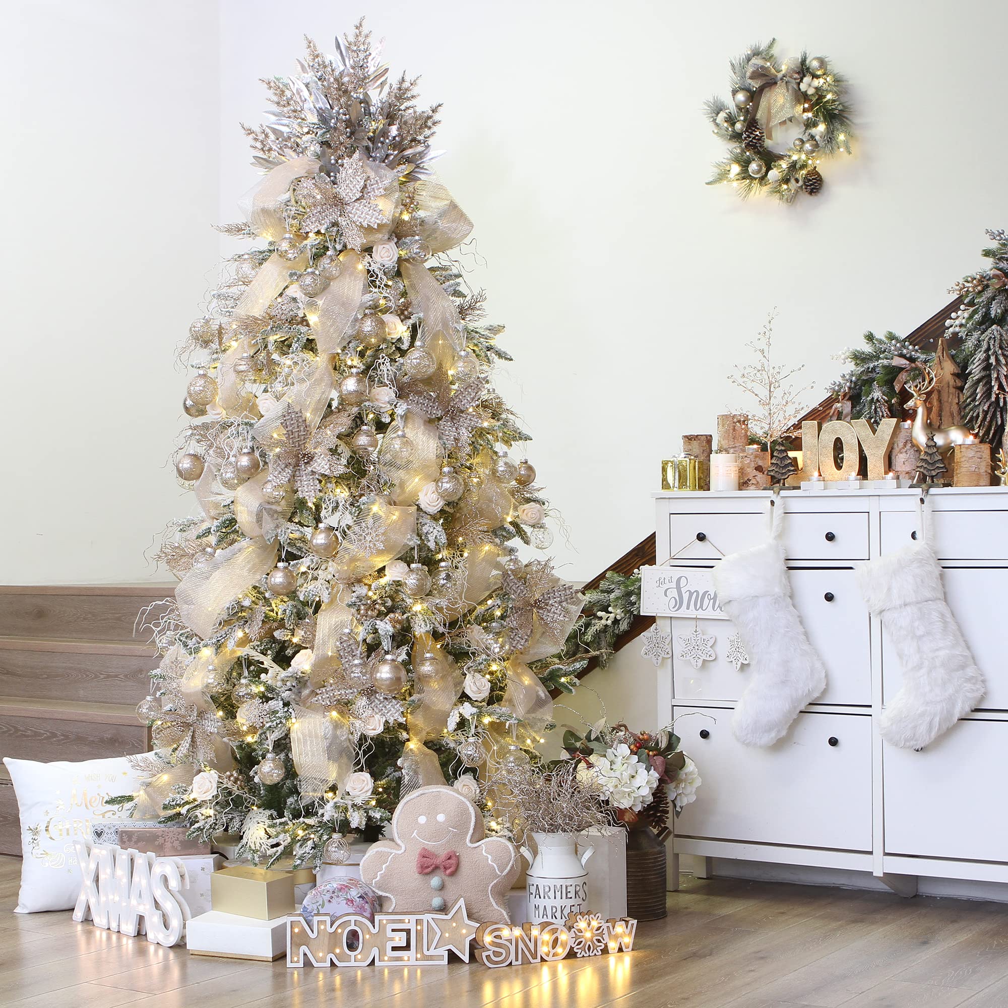 Sea Team 24-Pack Artificial Glitter Pine Tree Twig Ornaments, Decorative Sticks, Glittery Stems, Picks, Branches for Christmas Tree, Small Vase, Holiday, Wedding, Party (14 Inches, Champagne)