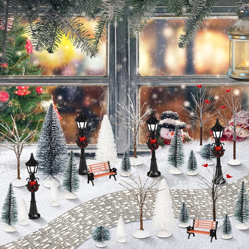 Classic 28 Pcs Mini Christmas Village Tree Set with Snow, Lamps & Benches