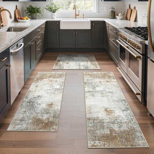 GENIMO Kitchen Rugs Sets of 3 Non Slip Washable Kitchen Mats for Floor, Waterproof Abstract Kitchen Runner Rug, Floor Mat Carpet for Hallway, Laundry, Sink, Entryway, Bathroom, Gold