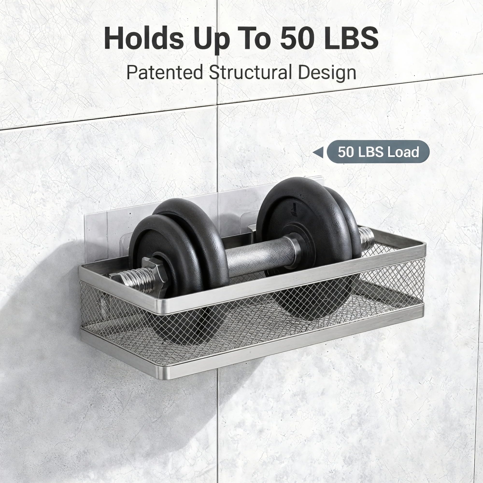 PUSDON Mesh Shower Caddy Wall Mount, Heavy Duty Adhesive Bathroom Shelf Organizer, Rustproof Floating Spice Rack for Kitchen Pantry, Holds 50 LBS, Multi-Purpose Storage Silver Gray -2 Packs (Netting)
