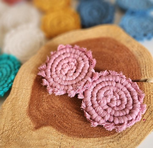 Cotton Car Coasters for Cup Holders, 2PC Car Cup Coasters, Drink Coaster Holder, Cute cupholder Coaster Accessories for Women, Macrame, Boho(Champagne Pink)