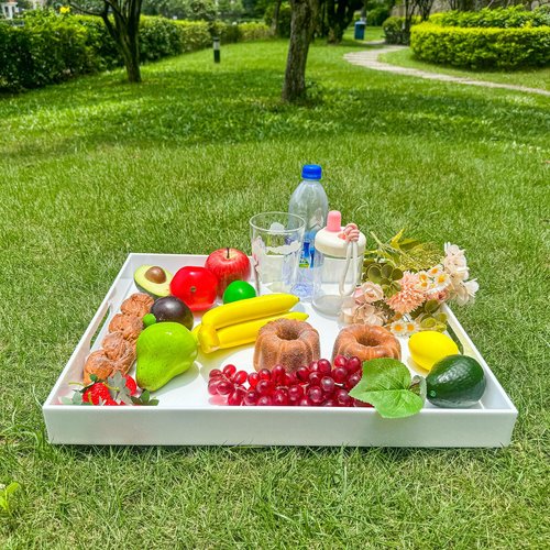 White Rectangular 16x20 Inches Acrylic Ottoman Tray Decorative Serving Tray with Cutout Handles Organizer Tray on Coffee Table Countertop Big Breakfast Bed Tray Living Room Appetizer Serving Food