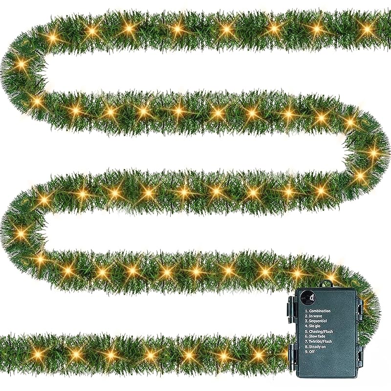 Warm White 30ft Pre-Lit Christmas Garland with 100 LEDs, 8 Modes, Indoor/Outdoor