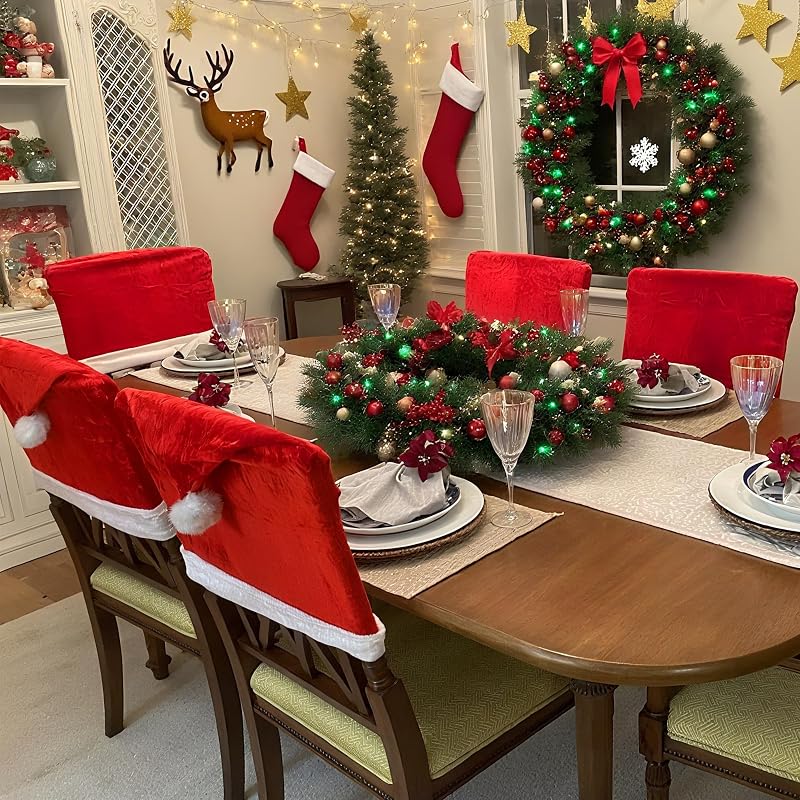 Holiday Christmas Chair Covers Set of 4 with Red Variation - Stretchable Parson Chair Slipcovers