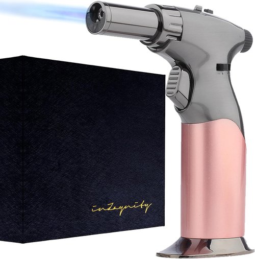inZaynity Dual Flame Butane Torch Gun - Refillable Mini Blow Torch for Cooking & Soldering - Adjustable Flame, Steel Blush