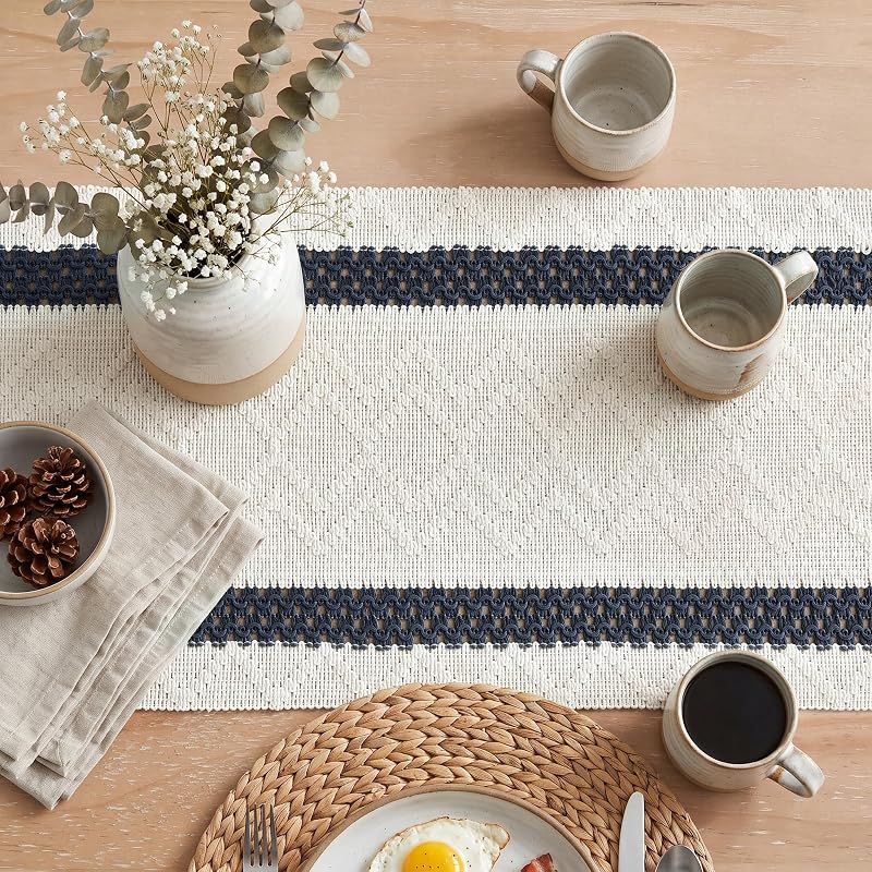 Artoid Mode Dark Blue Stripe Woven Rustic Table Runner 12x60 Inches - Variation: Dark Blue+12x60