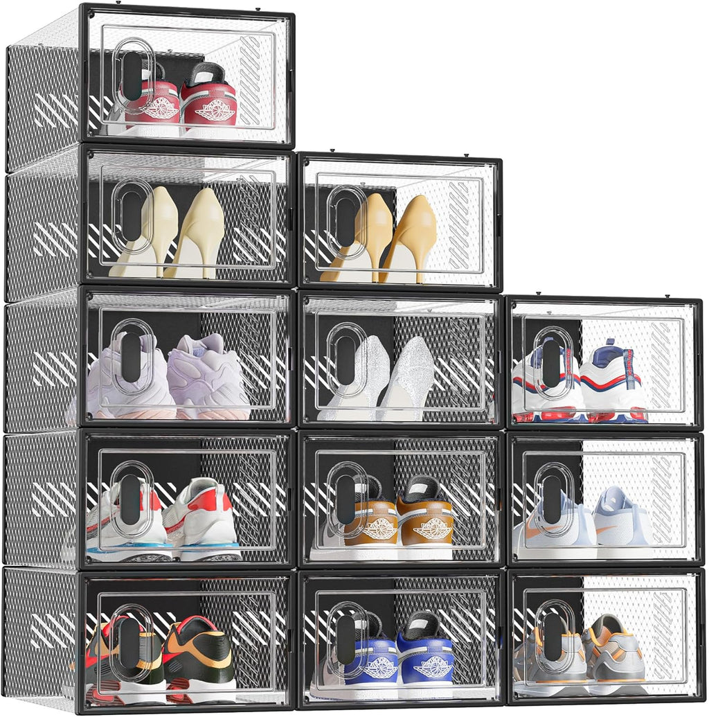 SIMPDIY Shoe Organizer - 12 Pack Clear Plastic Stackable Shoe Storage Boxes with Lids | Size 10, Black
