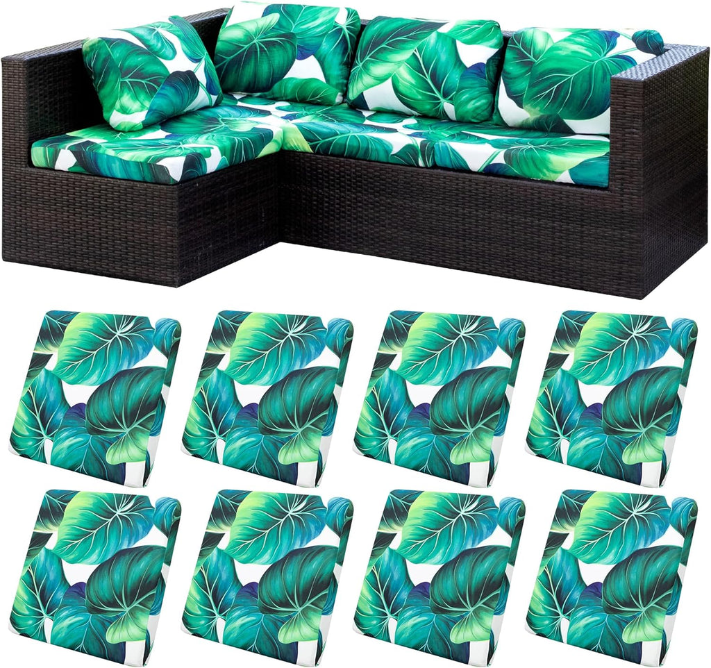 Skiennix 8-Piece Stretch Patio Cushion Covers - Washable Green Leaf Slipcovers for Outdoor Furniture