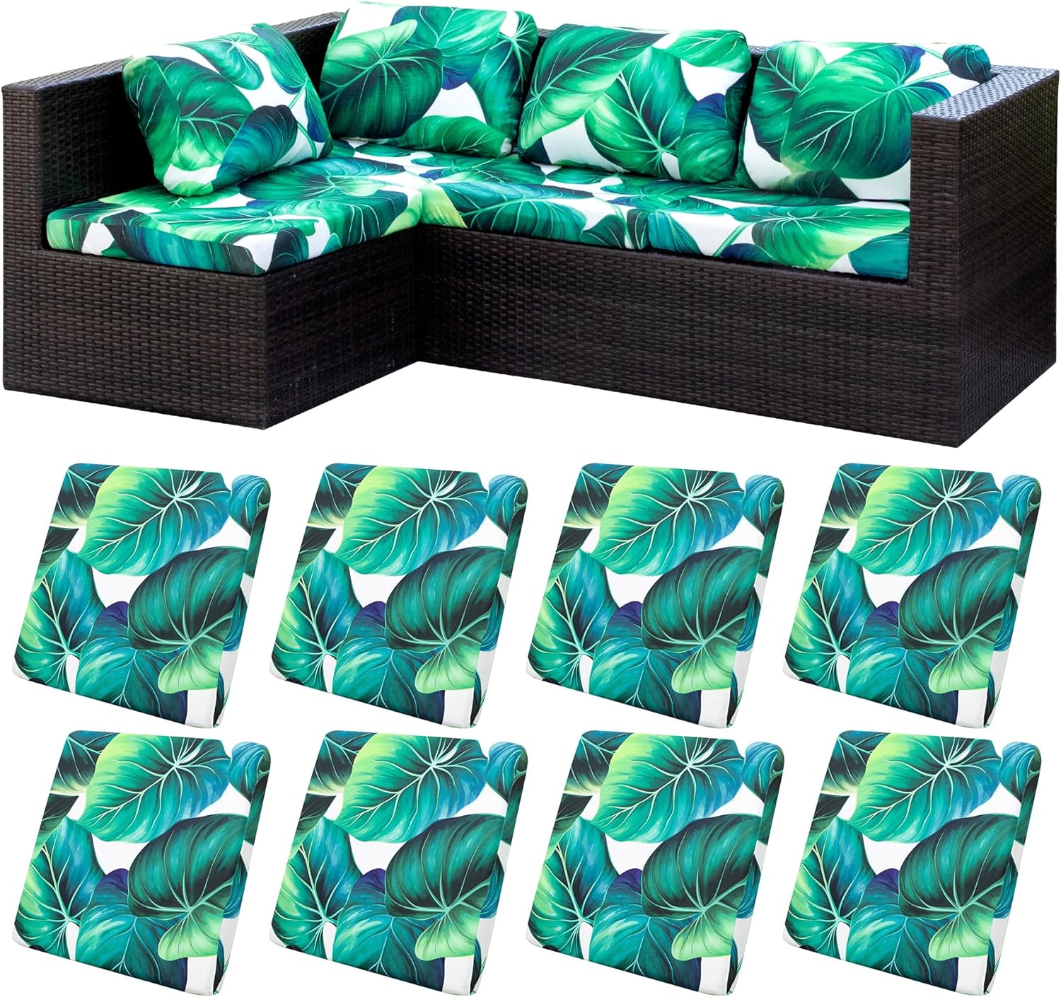 Skiennix 8-Piece Stretch Patio Cushion Covers - Washable Green Leaf Slipcovers for Outdoor Furniture