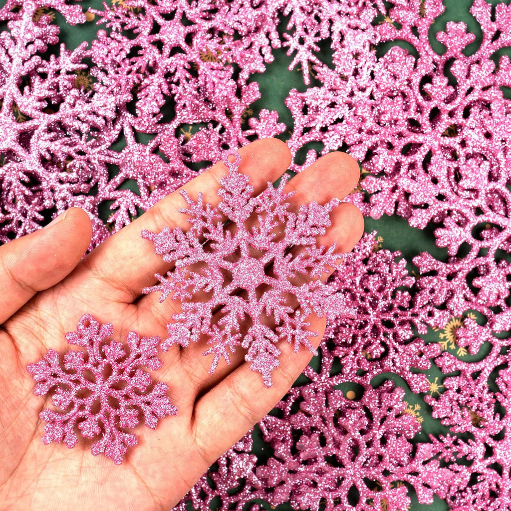Skiennix 36-Piece Christmas Light Pink Snowflake Ornaments - Glittery Plastic Decorations for Winter Trees