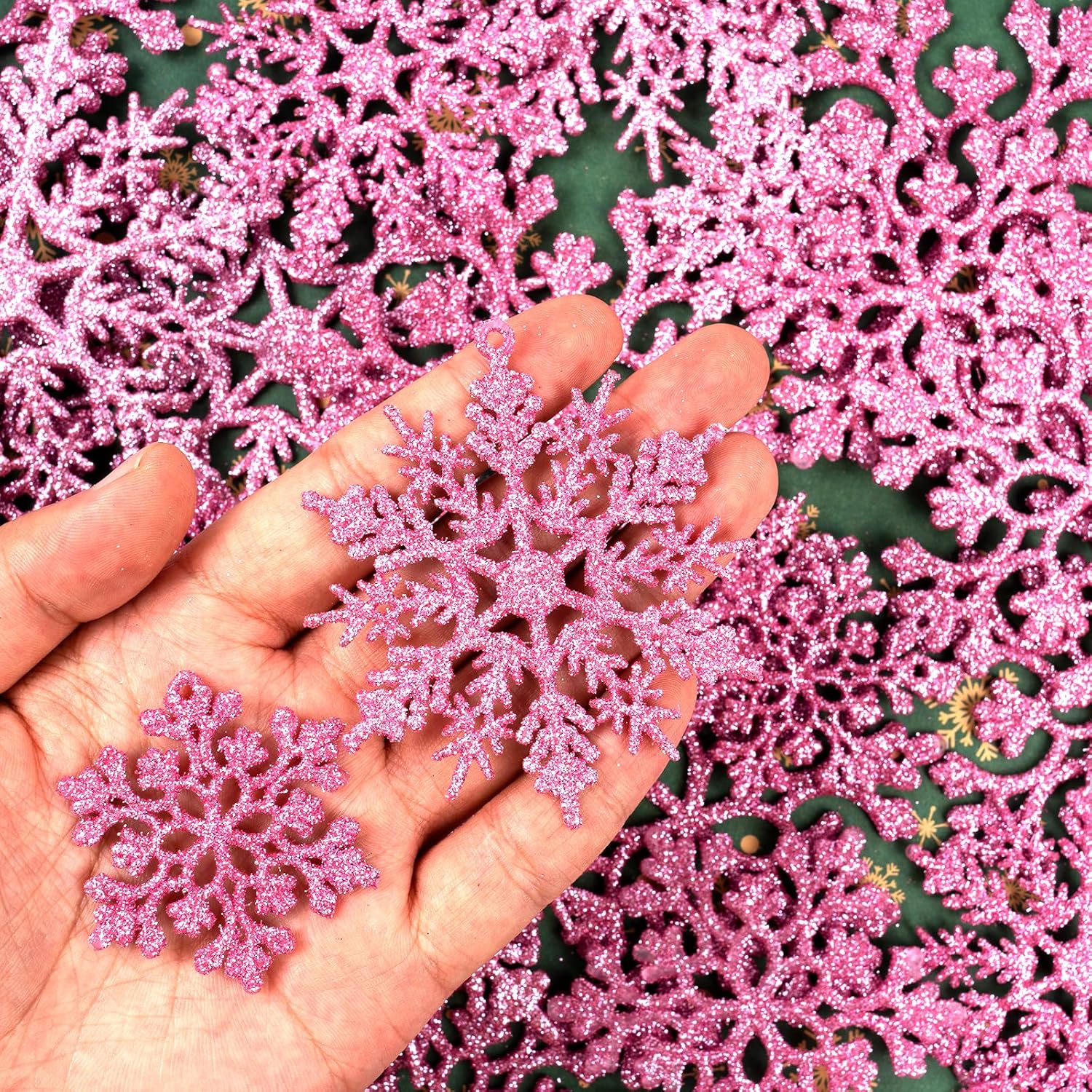 Skiennix 36-Piece Christmas Light Pink Snowflake Ornaments - Glittery Plastic Decorations for Winter Trees