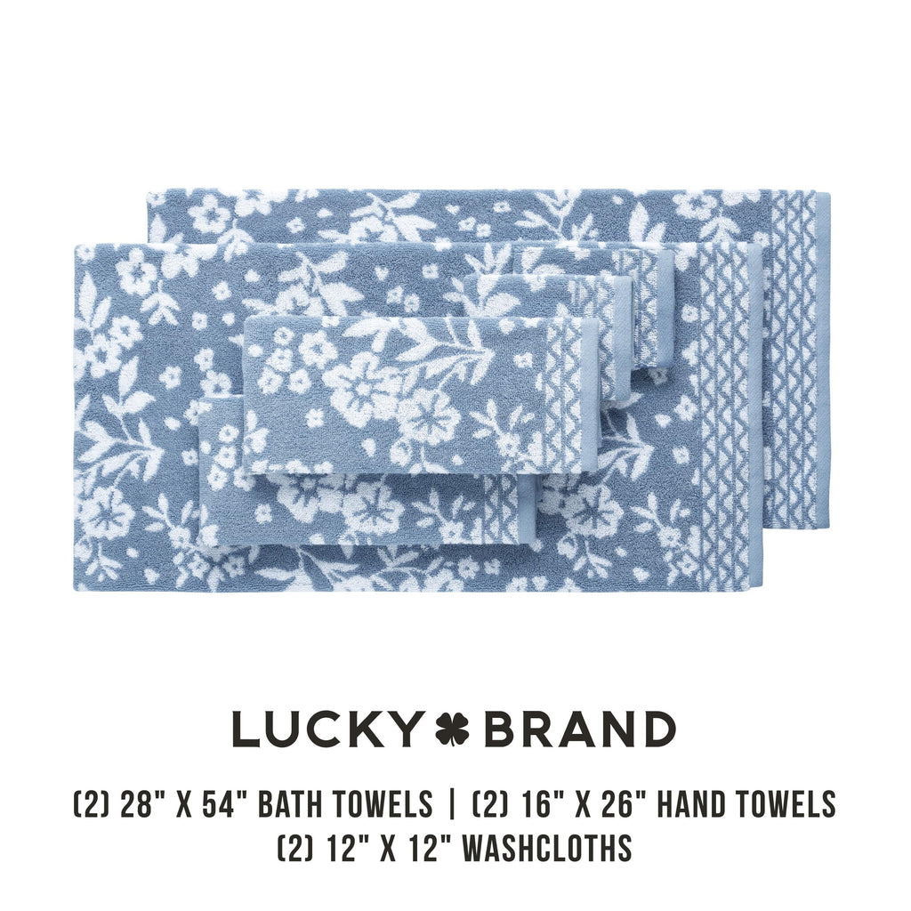 Lucky Brand Folk Floral 6 Piece Bath Towel Set - (2) Bath Towels, (2) Hand Towels, and (2) Washcloths - Dusty Blue Premium Bathroom Towel Set