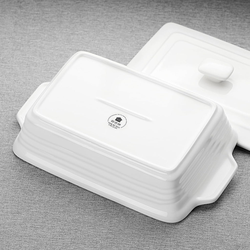 MALACASA Casserole Dish - 4.4 Qt Porcelain Baking Dish with Lid & Handles | Microwave Safe, White