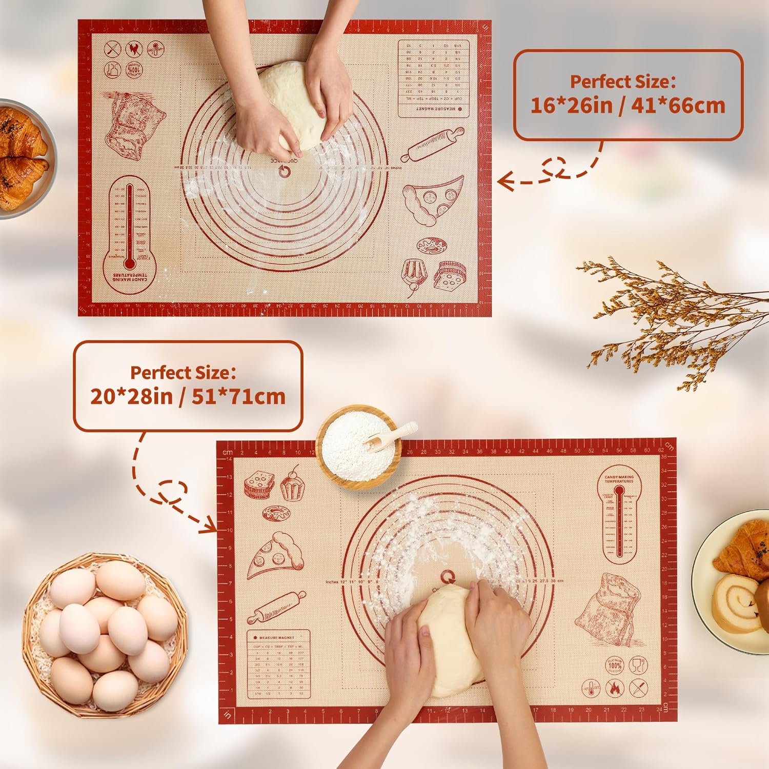 Silicone Baking Pastry Dough Mat - Extra Large 26x16 Inch Nonstick Rolling Sheet for Cookies & Bread