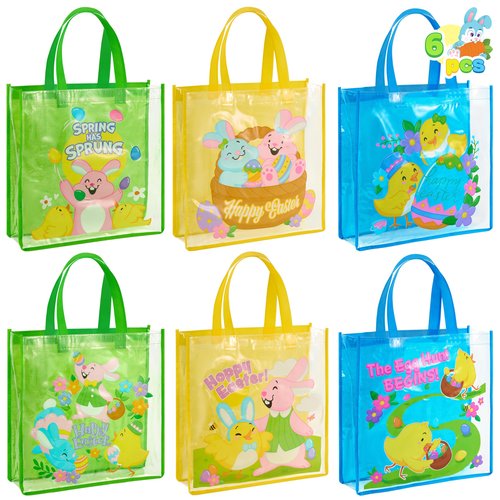 JOYIN 6 Pcs Easter Party Favor Supplies Gift Bags For Kids, 13" x 13" x 4" Big Size Non Woven Goodie Reusable Easter Rabbit Bunny Party Treat Bags with Handles for Egg Hunt