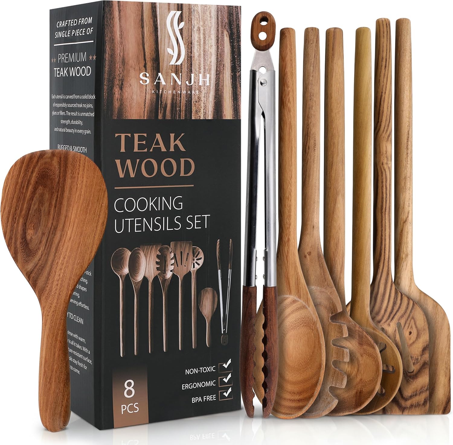 Skiennix 8-Piece Teak Wooden Cooking Spoons Set - Smooth Sanded Utensils with Comfortable Grip Handles
