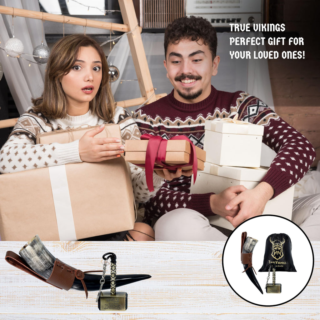 Drinking Horn — 10-12 Inch Viking Gifts for Men & Women | With Thor Bottle Opener & Stand | Handmade & Real Ox Horns | Norse Viking Cup Perfect For Beer, Ale, Mead (12 Oz) (Natural Polished)