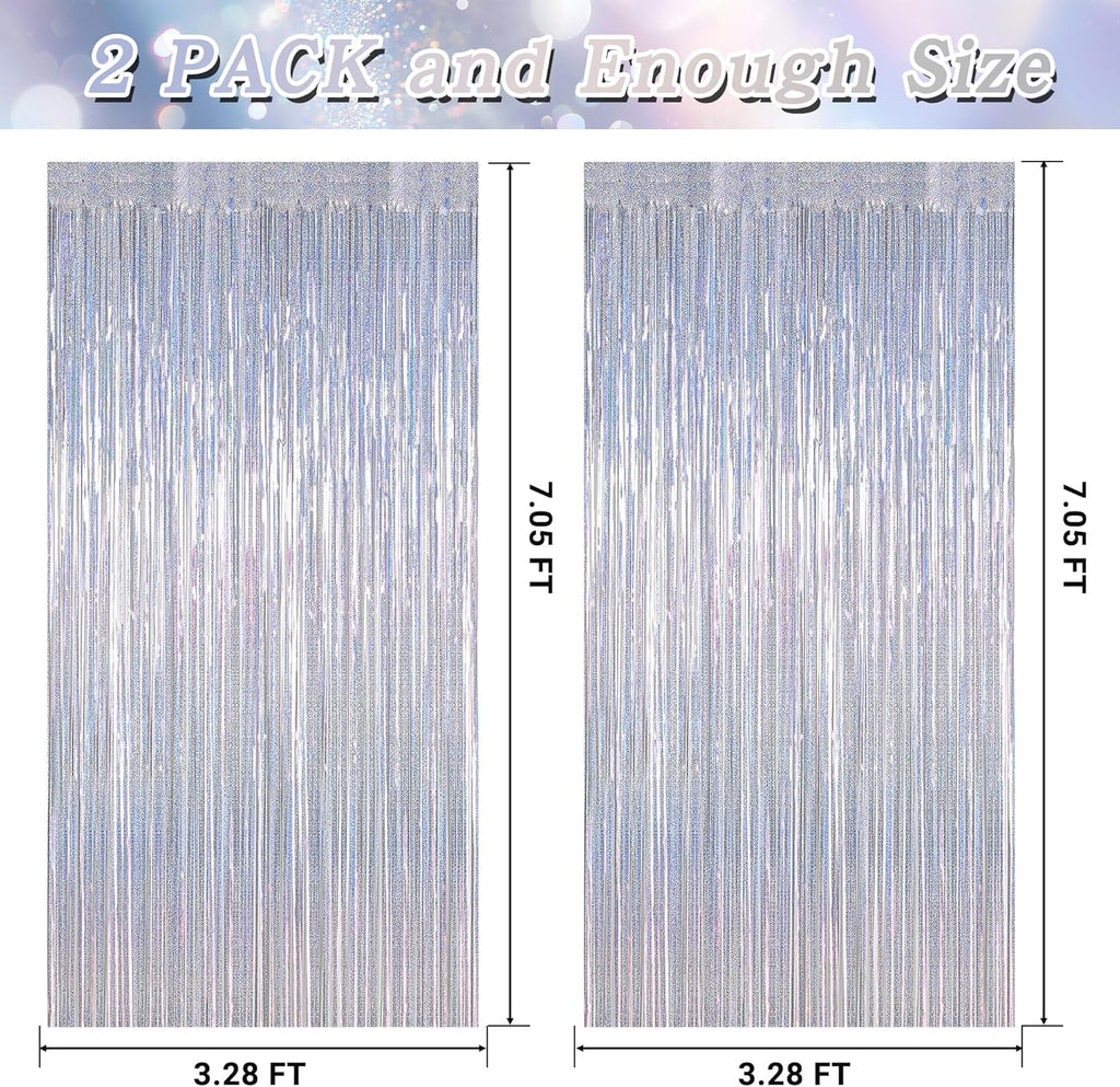 Skiennix Silver Metallic Tinsel Foil Curtains - 2 Pack Glitter Fringe Backdrop | 3.28 FT x 7.05 FT for NYE & Birthday Parties