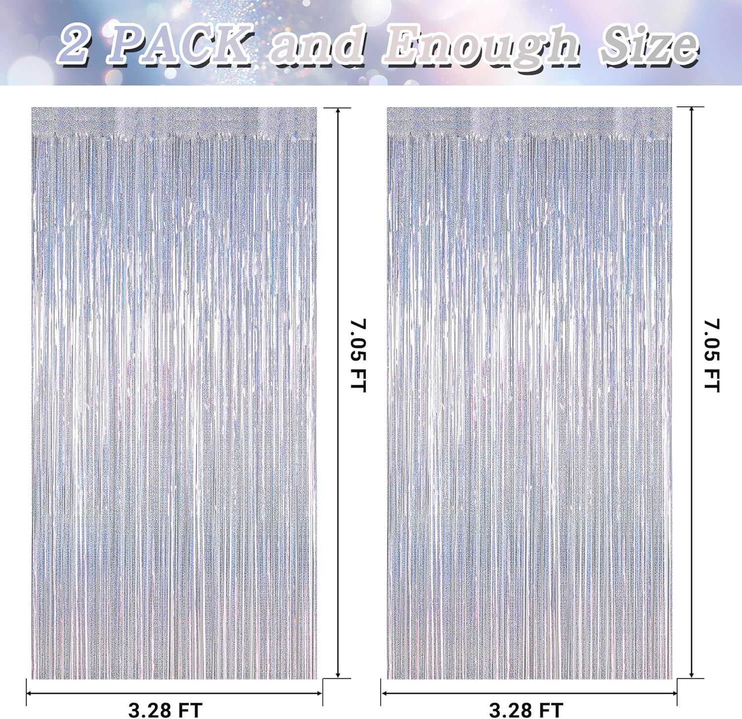 Skiennix Silver Metallic Tinsel Foil Curtains - 2 Pack Glitter Fringe Backdrop | 3.28 FT x 7.05 FT for NYE & Birthday Parties