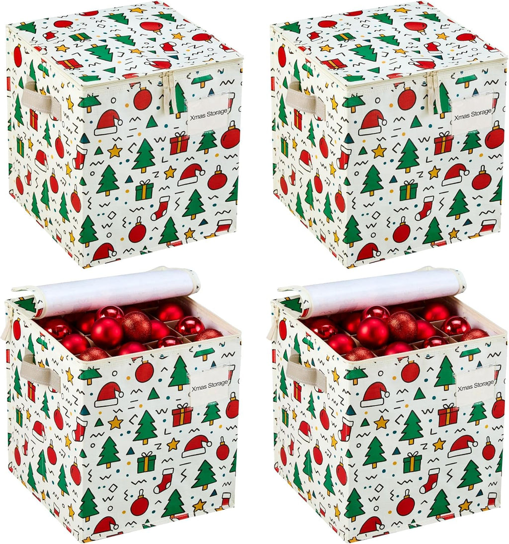 VENO Christmas Ornament Storage Box - 4 Pack for 64 Ornaments | Adjustable Dividers & Zippered Top, 3-Inch Cube Compartments (Jingle Mix)