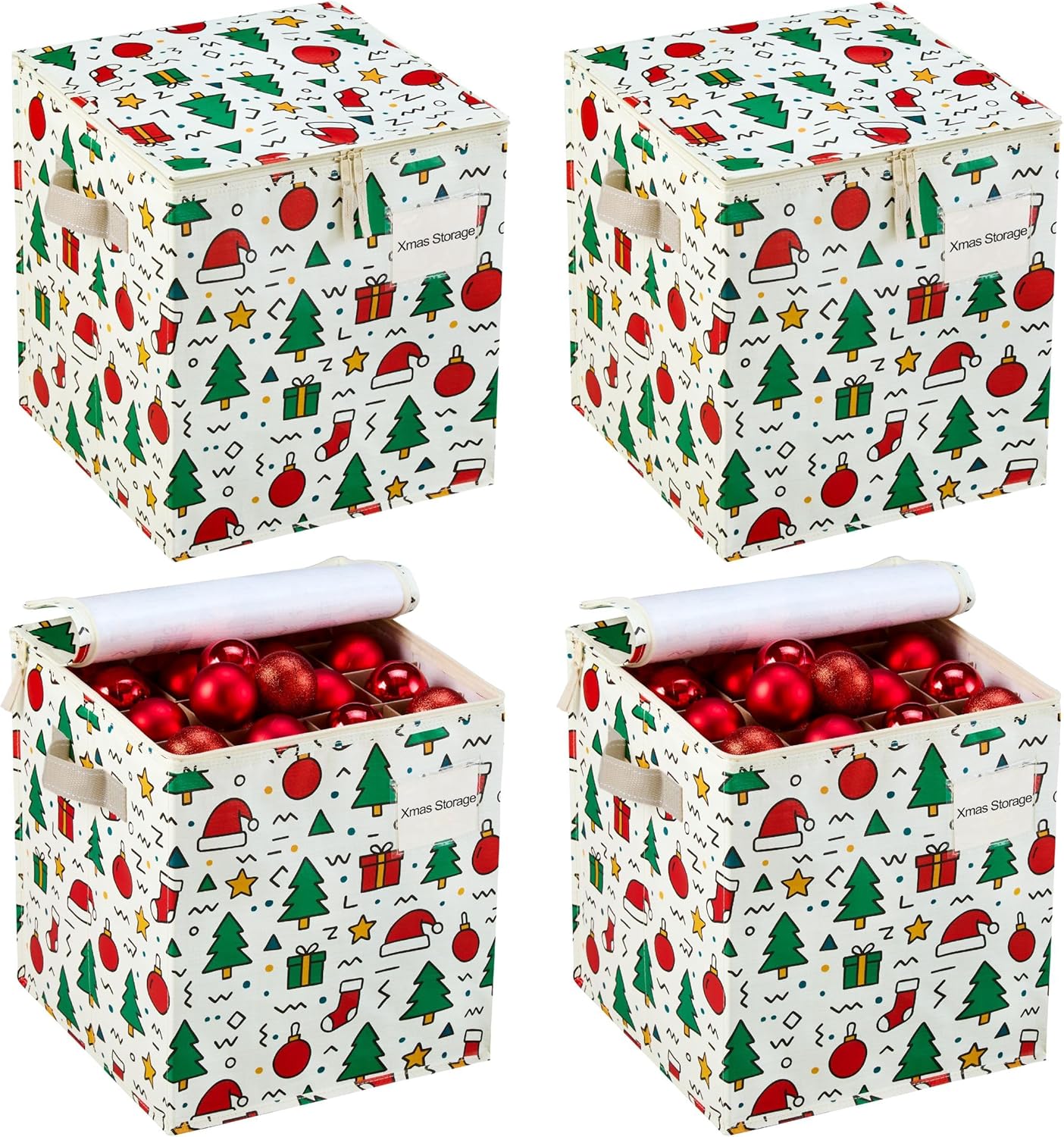 VENO Christmas Ornament Storage Box - 4 Pack for 64 Ornaments | Adjustable Dividers & Zippered Top, 3-Inch Cube Compartments (Jingle Mix)