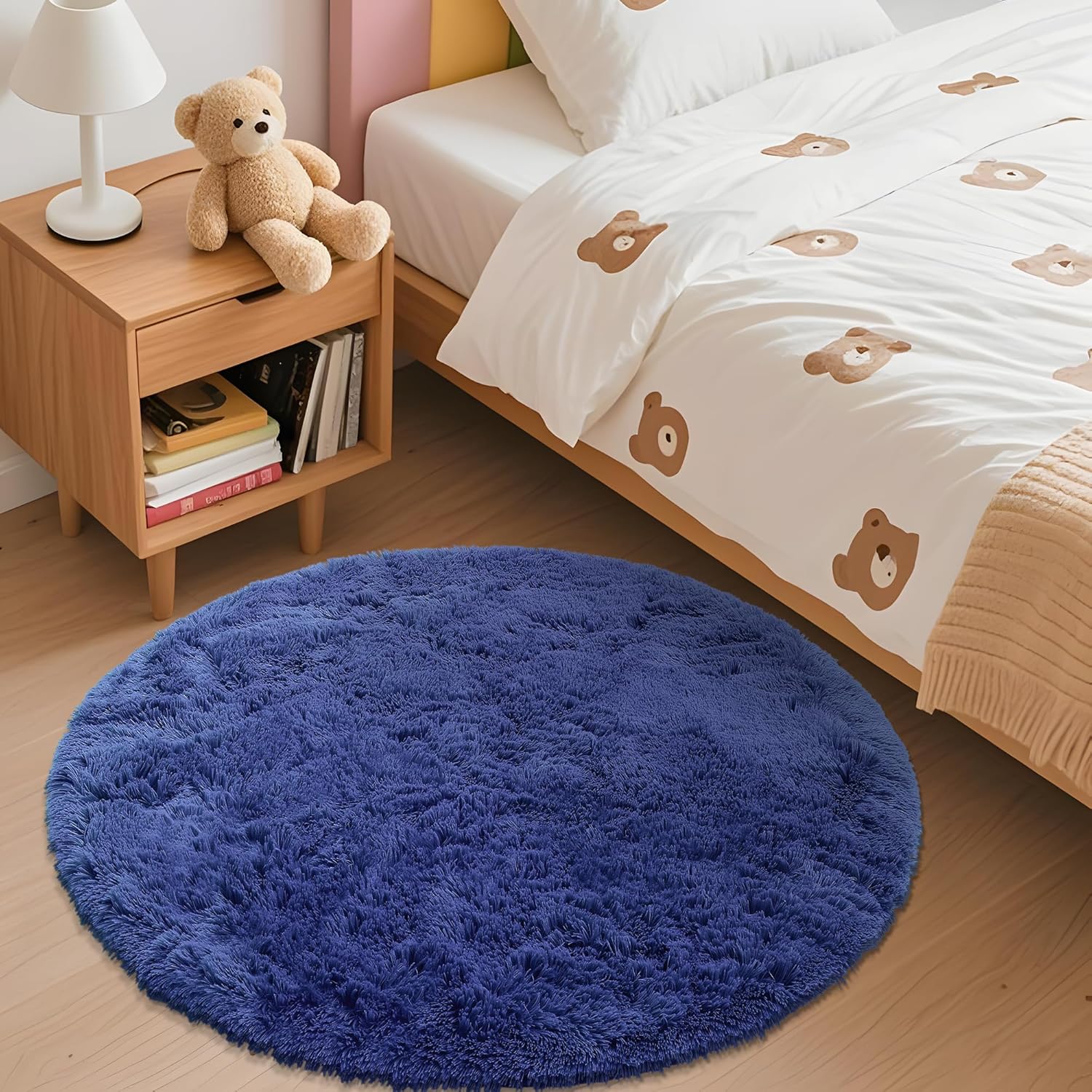 OLANLY Round Navy Blue Area Rug - Soft, Fluffy, Machine Washable 3 ft Circle Carpet for Bedroom & Living Room