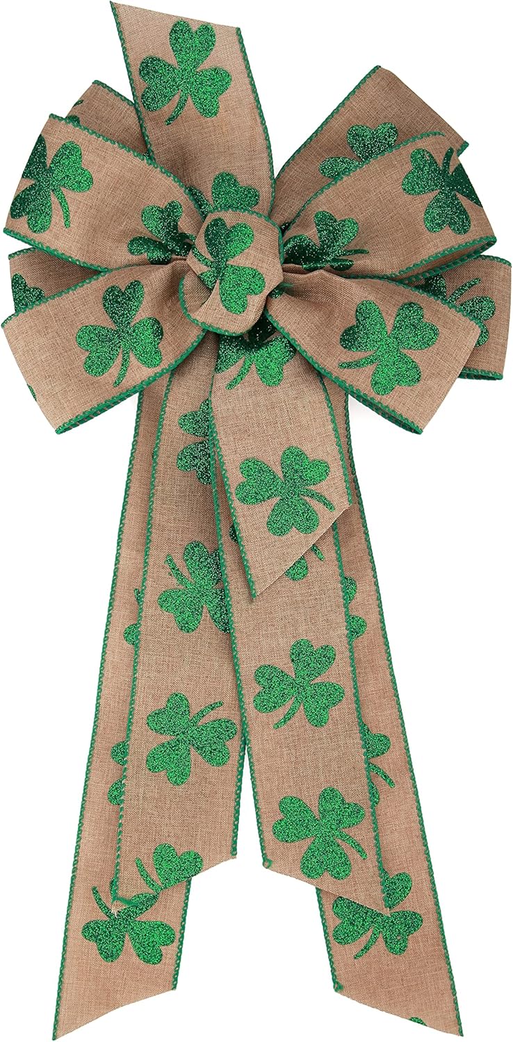 Meseey St. Patrick's Day Wreath Bow - 24 x 10 Inch Green Clover Burlap Shamrock for Door Decor | Irish Party Decor