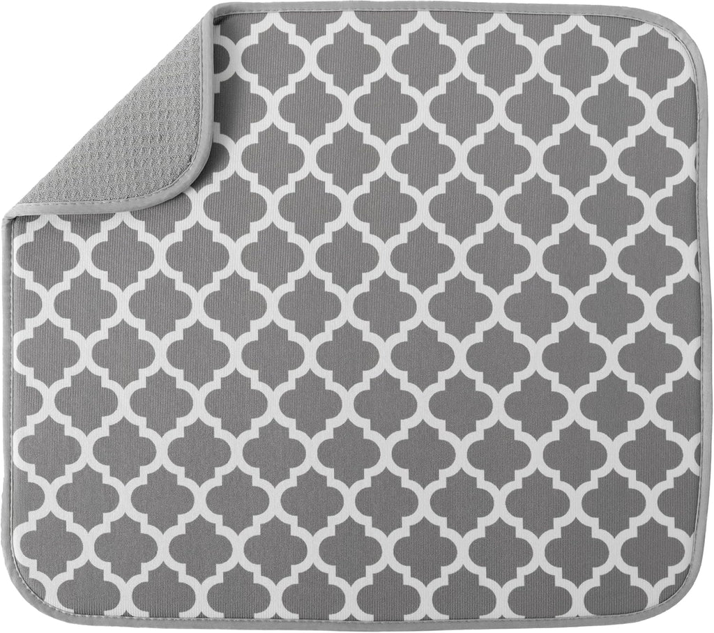 S&T INC. Dish Drying Mat - Absorbent Microfiber Kitchen Counter Pad, 16” x 18”, Large White Trellis