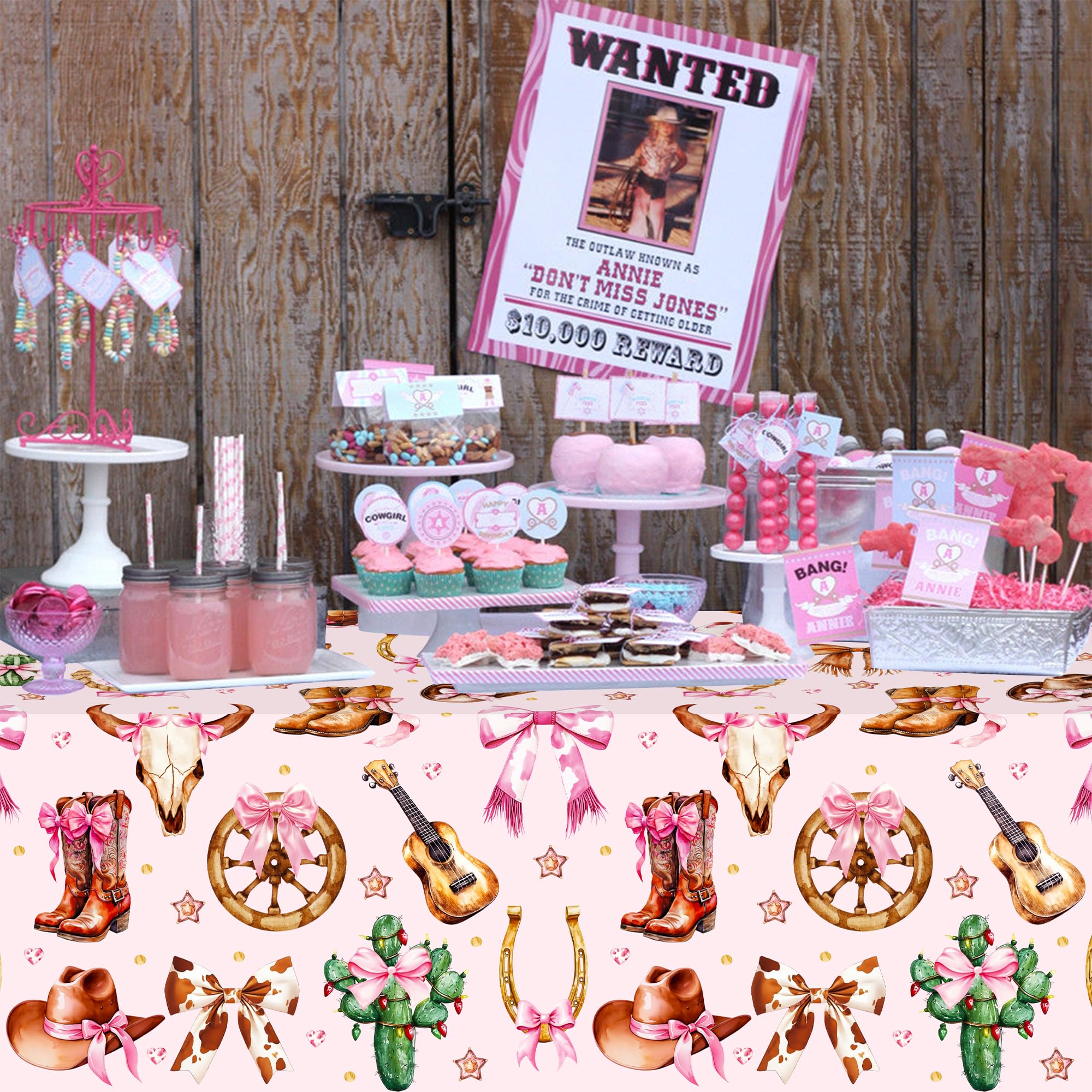 umoni Cowgirl Party Supplies Pink Western Cowgirl Tablecloth 2PCS Coquette Cowgirl Party Supplies Tablecover Disposable Wild West Guitar Bow and Boot Table Cover for Birthday Baby Shower Decor
