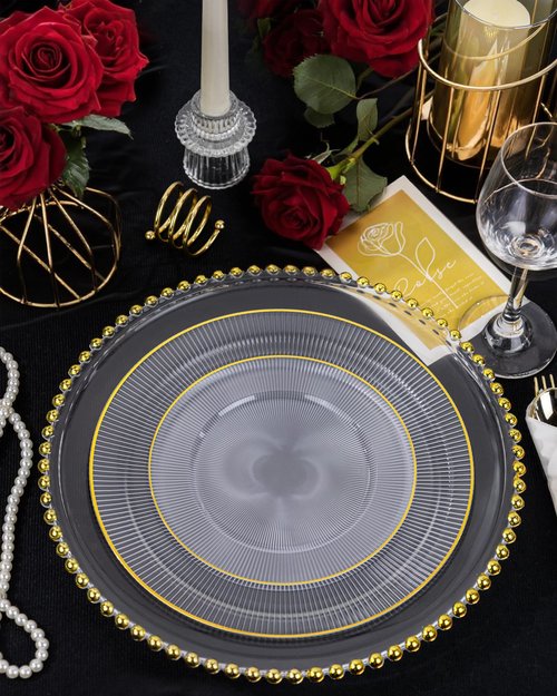 Hioasis 60pcs Clear and Gold Plastic Plates - Clear Disposable Dinnerware Set, 30pcs Dinner 10.25in & 30pcs Dessert 7.5in Plates with Striped Designs for Party & Wedding