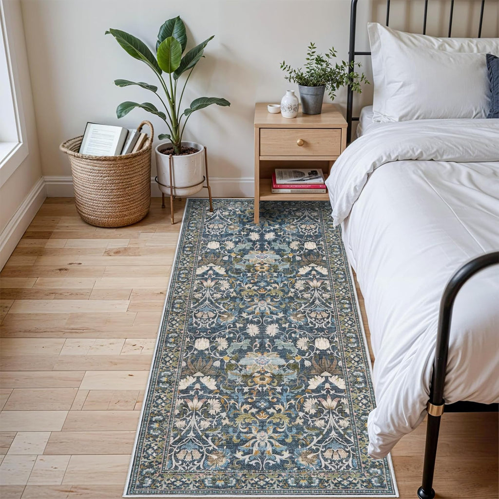 Skiennix Vintage Washable Entryway Area Rug - Soft Non-Slip Kitchen Runner Mat | 3x6 Floral/Blue Design