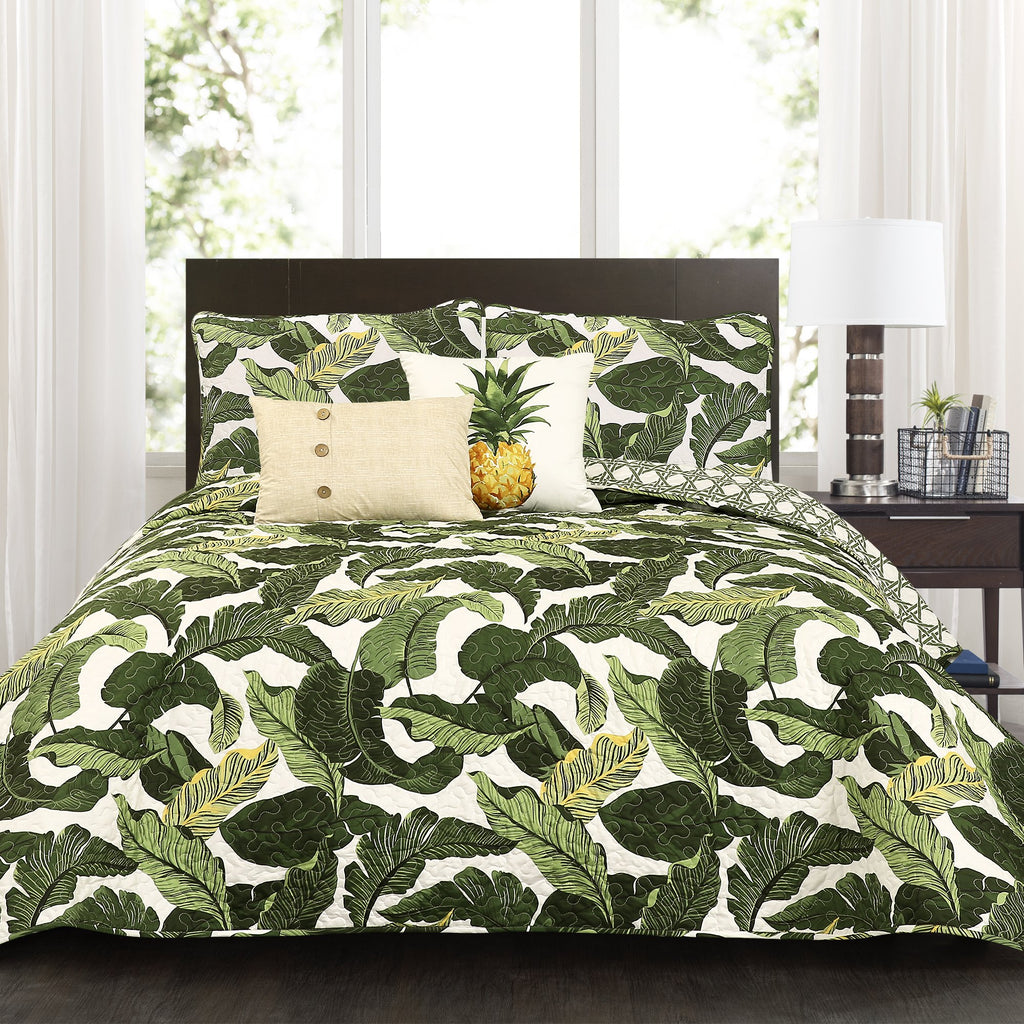 Lush Decor Tropical Paradise Reversible Quilt King Size 5 Piece Set Green - Coastal Bedding Set King Quilt - Beach Decor - Green Quilts