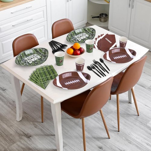 Kochorie 350 Pieces Football Party Decorations Tableware Set Football Disposable 11.8 x 7.8 Inch Paper Plate Cup Napkin Spoons Forks Knives for Sport Football Game Day Party Supplies Serve 50 Guests