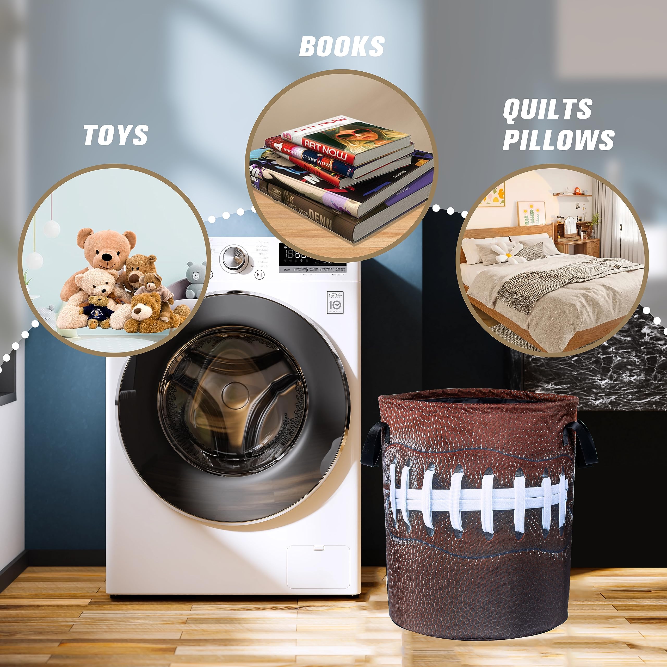 Football Laundry Basket American Ball Foldable Oxford Cloth Funny Tote Bag Laundry Hamper Clothes Storage Bucket Organizer For Bathroom/Laundry Storage/Bedroom 18.9x16.5 Inch