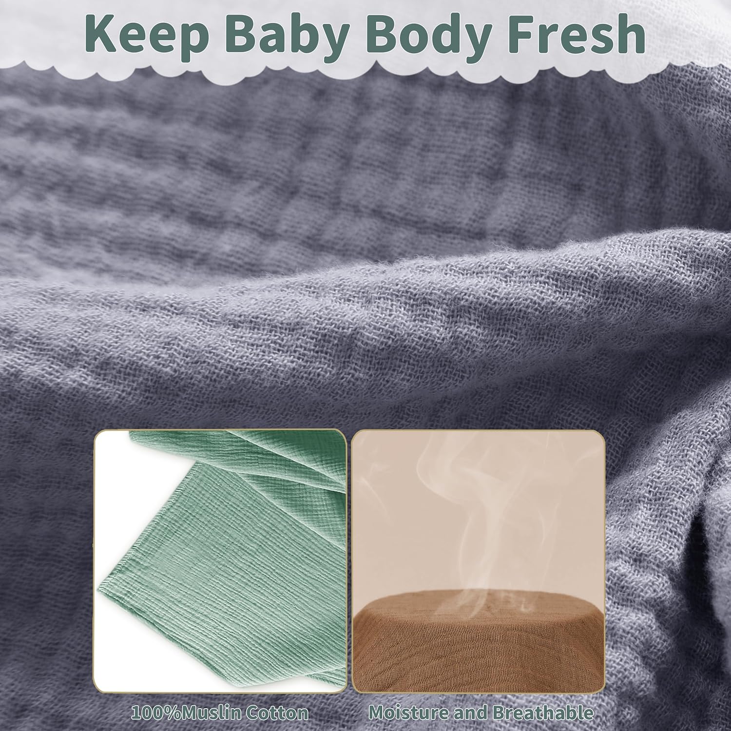 Skiennix Muslin Swaddle Blankets - Breathable Soft Receiving Blankets, 41 x 41 Inches, Gray & Green (2 Pack)