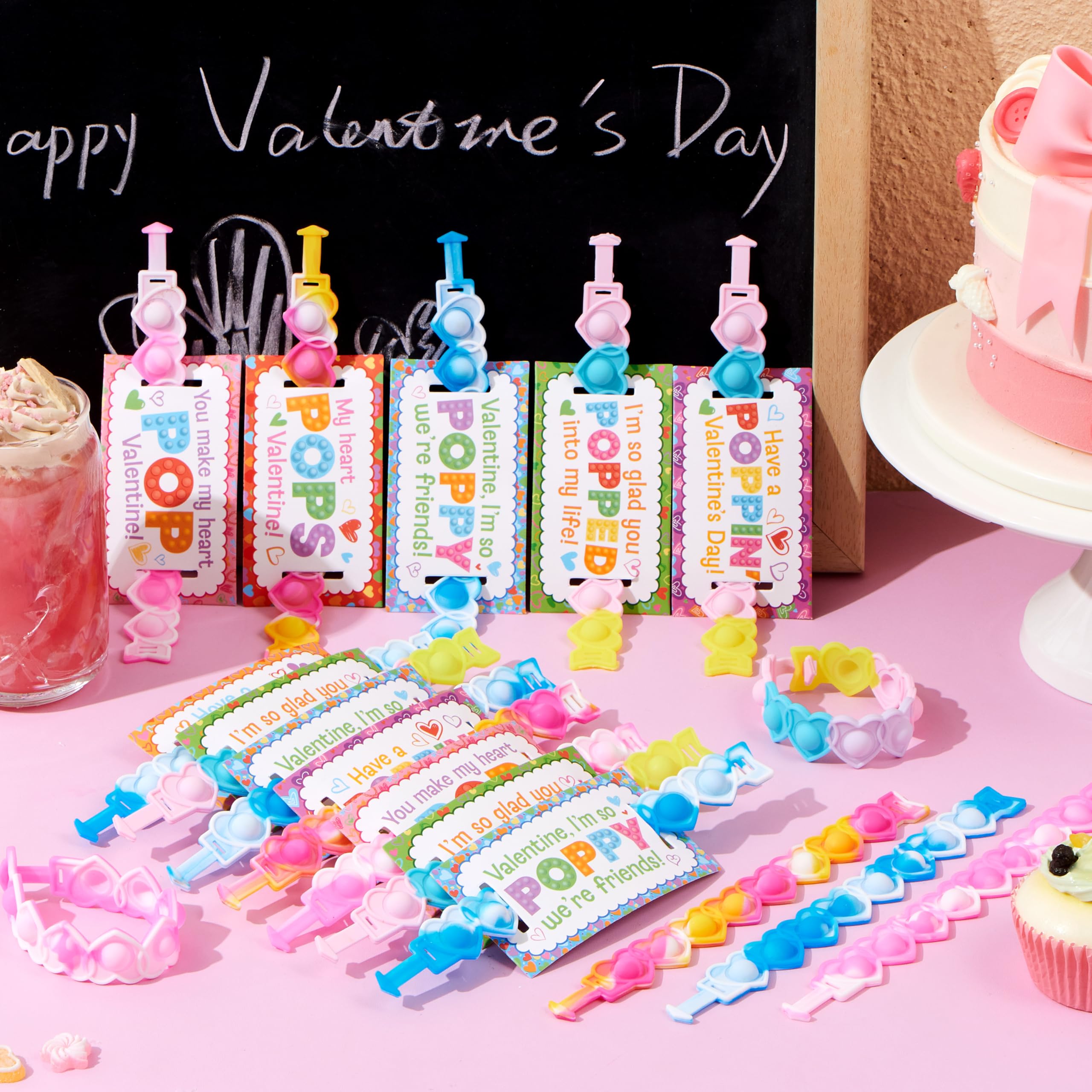 JOYIN 28 PCS Valentine's Day Gifts Cards with Heart Pop Fidget Bracelets, Stress Relief Pop Bubble Fidget Toys for Kids Girls Boys Valentines Classroom School Exchange Gifts, Party Favor Prizes