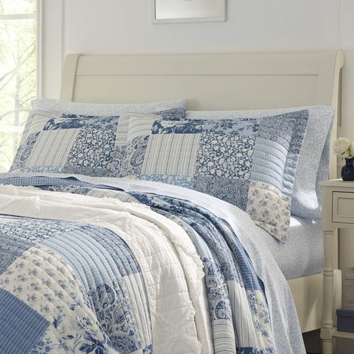 Laura Ashley - Twin Quilt Set, Reversible Cotton Bedding with Matching Sham, Medium-Weight for Year Round Use, Dorm Essentials (Paisley Printed Patchwork Blue)
