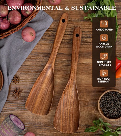 2Pcs Wooden Spatula Spoon, Multifunction Cooking Spoon for Nonstick Cookwares, Heat Resistant Acacia Wooden Spoon Spatula for Cooking, Mixing, Scooping, Scraping, BPA-Free, 11.6 x 2.8 Inch