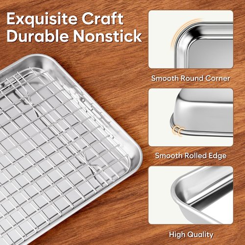 Fire More Stainless Steel Baking Sheet & Cooling Rack Set - 2 Cookie Sheets & 2 Racks, Nonstick, Heavy Duty, 12.4 x 9.6 x 1 Inch