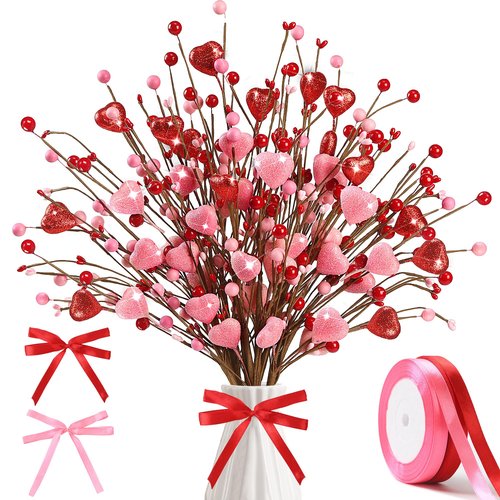 Valentine’s Day Gifts 12 Pcs Glittery Heart Shaped Berry Picks Shining Artificial Red Heart Berry Twig Stem Branches with 2 Rolls of Ribbon for Valentine’s Day Anniversary Bouquets Wedding Home Decor