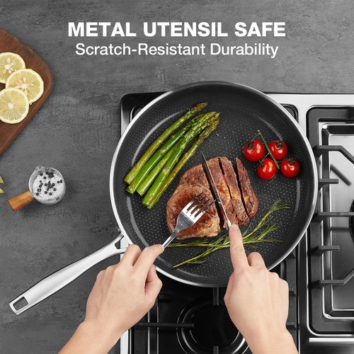 PekGema Hybird Nonstick Frying Pan with Lid 12 inch, Stainless Steel Skillet, Ceramic Non-stick Oven-Safe Chef Pan, Induction Ready, PFOA PFAS FREE Cookware